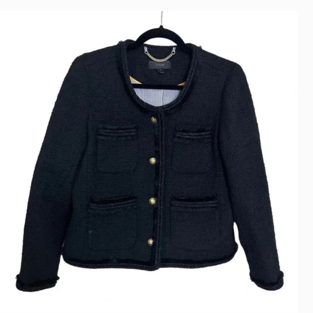 Vintage J.Crew Fringe Tweed Lady Jacket Black Bouclé | Size 6